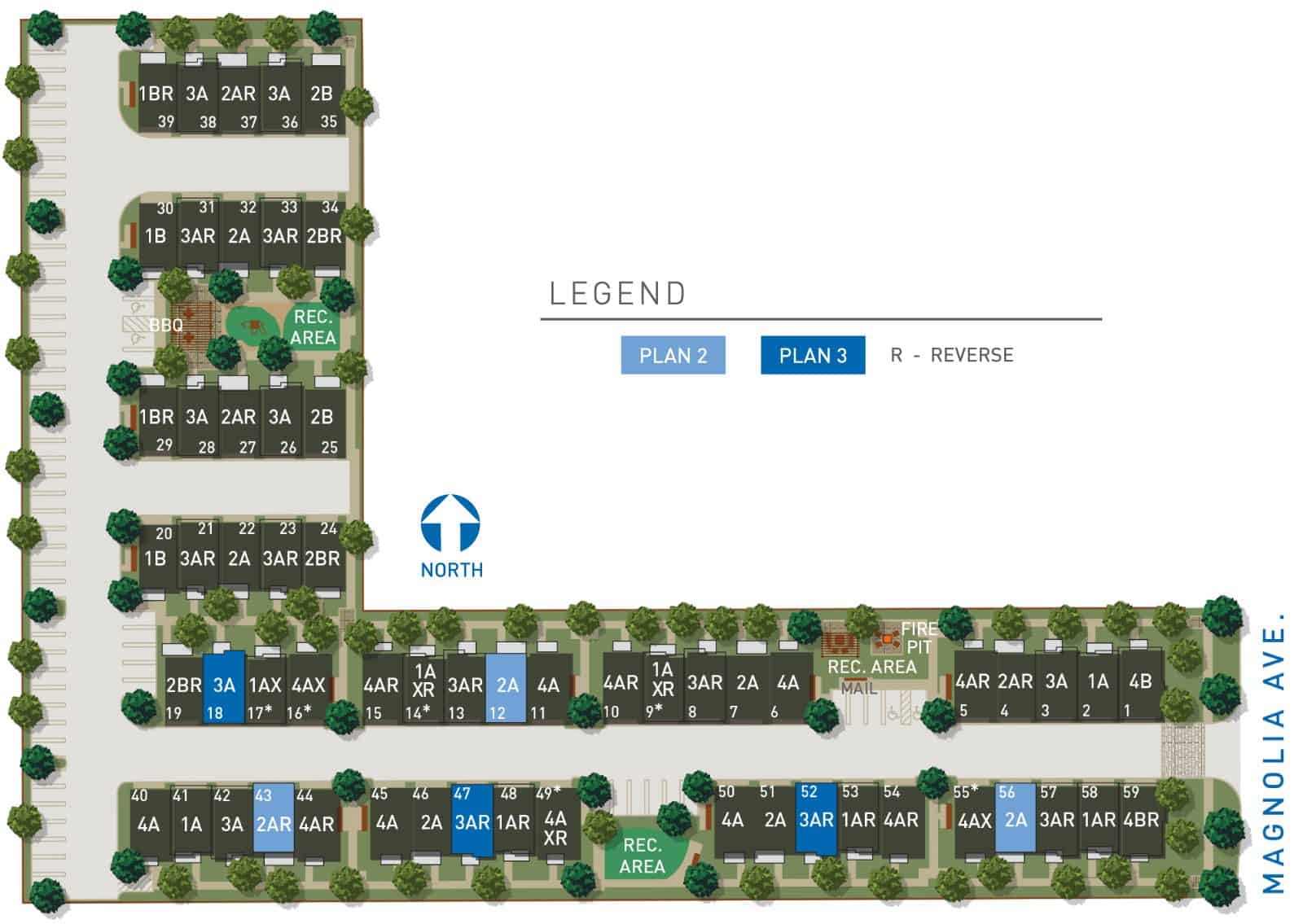 Site plan illustration showing affordable units in Moneta Pointe by Melia Homes in Gardena, CA