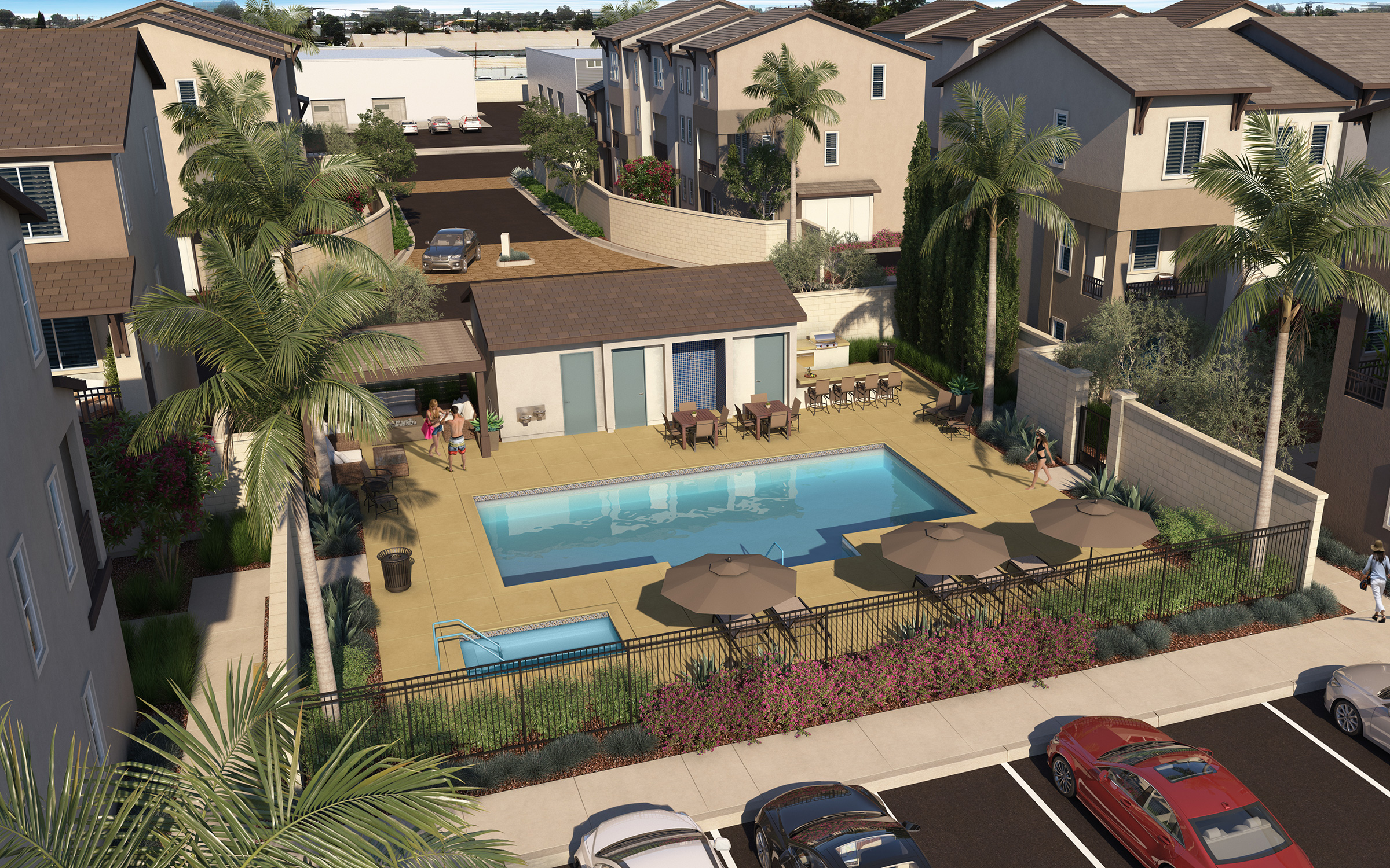 Community pool rendering at Moneta Pointe in Gardena, CA by Melia Homes