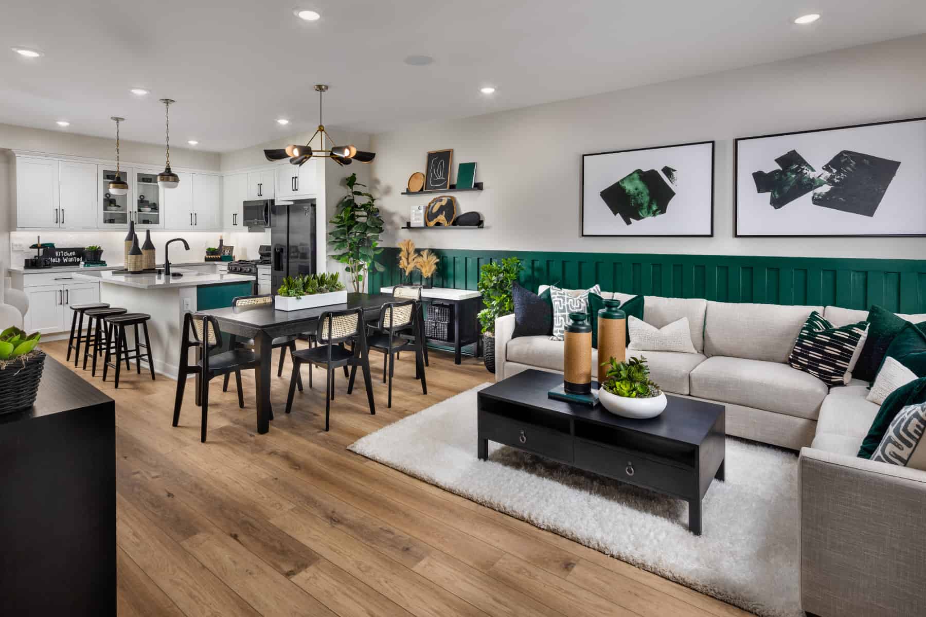 Great Room/Dining/Kitchen at Plan 2 of Belmont by Melia Homes in Cypress, CA